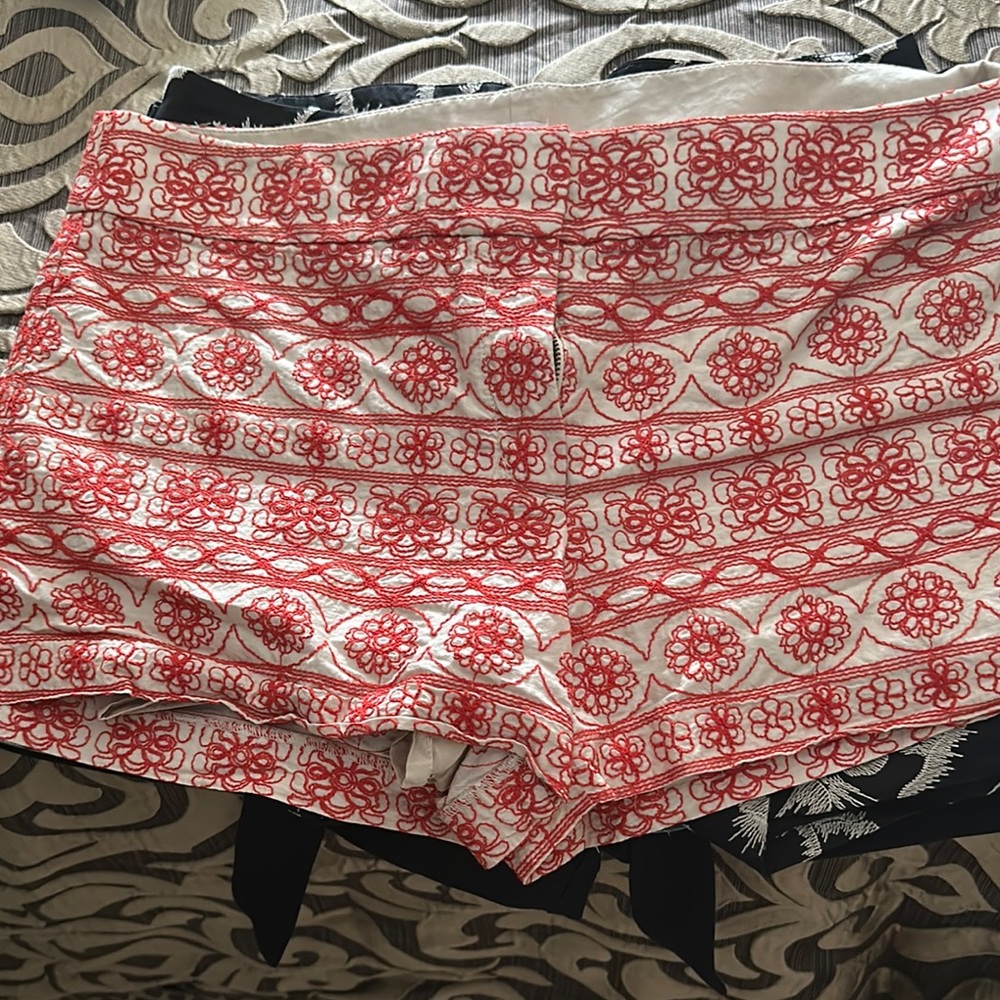 LOFT Red and White High Waist Shorts with Geometric Pattern